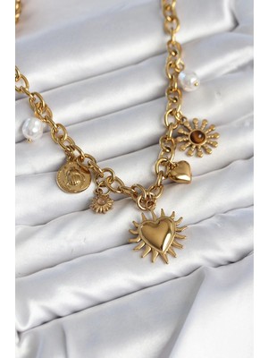 ALK Mey Ithalat® 316L Çelik Gold Renk Charmlı Model Kadın Kolye