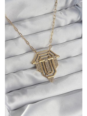 ALK Mey Ithalat® 316L Çelik Zincir Gold Renk Zirkon Taşlı Serenay Kolyesi