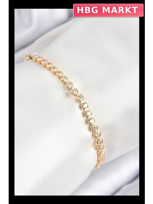 HBG Markt Mey Ithalat® Pirinç Zirkon Taşlı Sıralı Model Gold Renk Asansörlü Kadın Bileklik