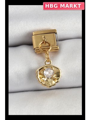 HBG Markt Mey Ithalat® 316L Çelik Sallantılı Zirkon Taşlı Istiridye Model Gold Renk Nomination Charm