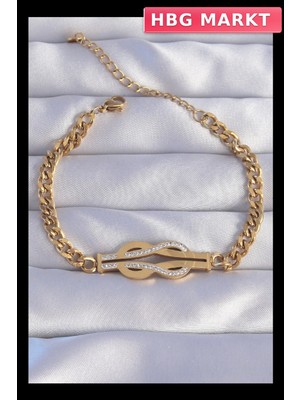 HBG Markt Mey Ithalat® 316L Çelik Gold Renk Zirkon Taşlı Kemer Tokası Model Zincir Bileklik