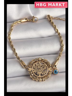 HBG Markt Mey Ithalat® 316L Çelik Gold Renk Burgu Zincir Model Dorika Yaşam Ağacı Figür Nazar Boncuk Detay Kadın Bileklik