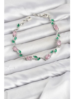 ALK Mey Ithalat® Pirinç Gümüş Renk Pembe Zirkon Taşlı Çiçek Model Kadın Bileklik