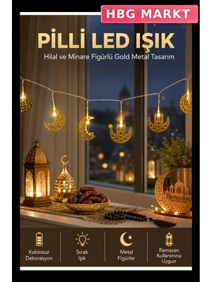 HBG Markt Minareli Hilal LED Işık Gold Metal Ramazan Dekorasyonu