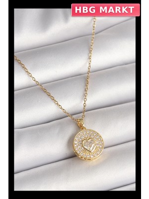 HBG Markt Mey Ithalat® 316L Çelik Gold Renk Zincir Madalyon Zirkon Taşlı Kalp Model Kadın Kolye