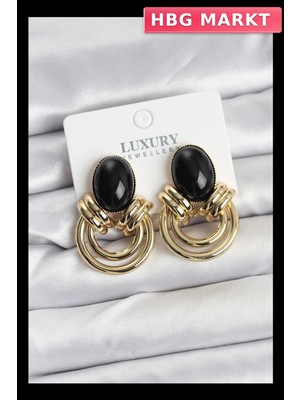 HBG Markt Vintage Siyah Taşlı Pirinç Kadın Küpe Gold Renk