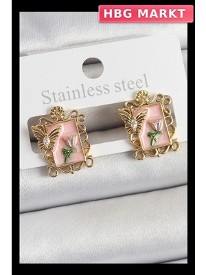 HBG Markt Mey Ithalat® Pirinç Pembe Mineli Sanatsal Portre Model Gold Renk Kadın Küpe