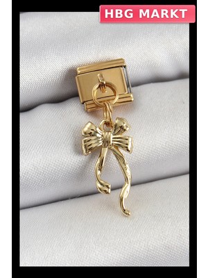 HBG Markt Mey Ithalat® 316L Çelik Sallantılı Uzun Fiyonk Model Gold Renk Nomination Charm