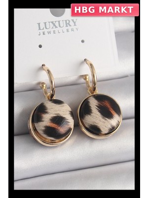 HBG Markt Mey Ithalat® Pirinç Gold Renk Leopar Desenli Daire Model Kadın Küpe