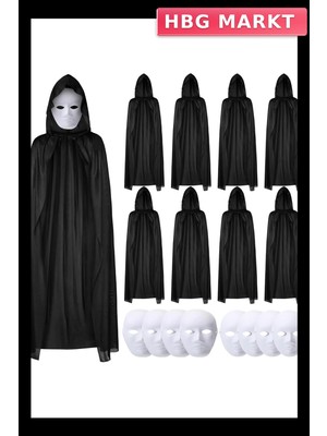 HBG Markt Mey Ithalat® 120 cm Siyah Kapüşonlu Pelerin ve Boyanabilir Karton Maske 8’li Set