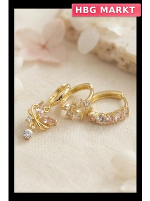 HBG Markt Model Zirkon Taşlı Pirinç Küpe 3'lü Set Gold