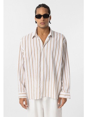 S13 Store Çizgili Uzun Kollu Oversize Keten Gömlek