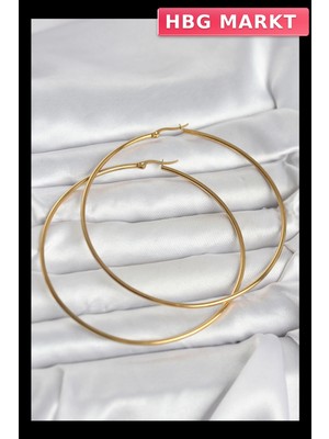 HBG Markt Mey Ithalat® 316L Çelik Gold Renk 80 mm Kadın Halka Küpe