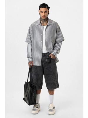 S13 Store Çift Kol Detaylı Relaxed Fit Çizgili Gömlek
