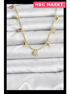 HBG Markt Mey Ithalat® Pirinç Gold Renk Zirkon Taşlı Deniz Kabuğu Model Kadın Kolye