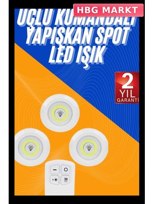 HBG Markt Mey Ithalat® Dolap Işığı Mutfak Rafı Işığı Uzaktan Kumandalı 3 Lü Spot LED Lamba