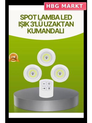 HBG Markt Mey Ithalat® Uzaktan Kumandalı 3 Lü Kablosuz LED Spot Lamba Seti Yapışkanlı Pratik Kullanım