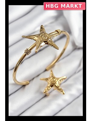 HBG Markt Mey Ithalat® Pirinç Deniz Yıldızı Model Gold Renk Bileklik Yüzük Set
