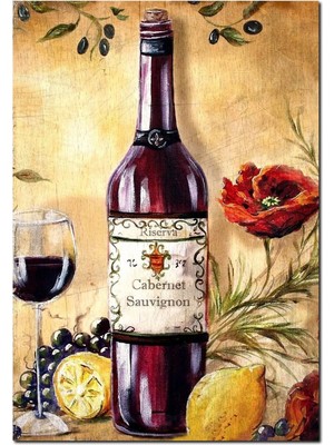 Moontime Alaçatı Ahşap Tablo Cabernet Sauvignon Şarabı Limon Üzüm Görseli (35X50 cm Boyut)