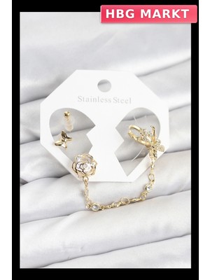 HBG Markt Mey Ithalat® Pirinç Gold Renk Kelebekli Model Zincir Bağlantılı Ear Cuff Küpe Seti