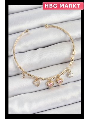 HBG Markt Pirinç Zirkon Taşlı Pembe Kalp Model Gold Renk Charm Bileklik