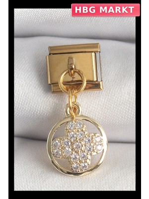 HBG Markt Mey Ithalat® 316L Çelik Gold Renk Sallantı Zirkon Taşlı Yonca Model Nomination Charm