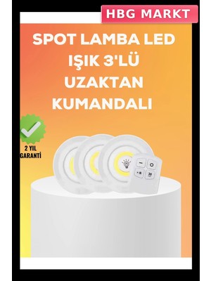HBG Markt Mey Ithalat® Çok Amaçlı Kullanım Için Kablosuz Yapışkanlı 3 Lü Uzaktan Kumandalı LED Spot Lamba