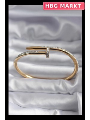 HBG Markt Zirkon Taşlı Çelik Bileklik 316L Gold Renk Çivi Modeli