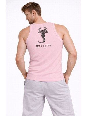 Tarz Yeri Erkek Fitilli Atlet Sıfır Yaka Slim Fit Arka Baskılı Spor Atlet - Pembe