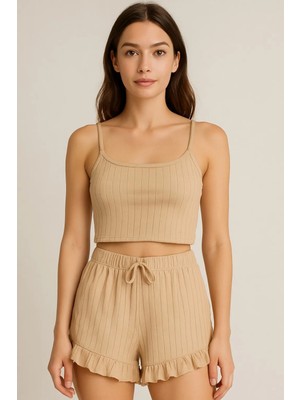 Melonika Crop Takım - Askılı Crop Takım Likralı Bej (L)