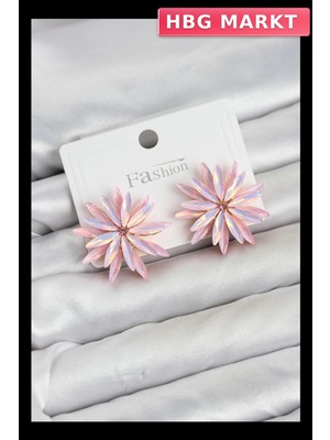 HBG Markt Kristal Taşlı Pirinç Kadın Küpe Lotus Model Pembe Renk
