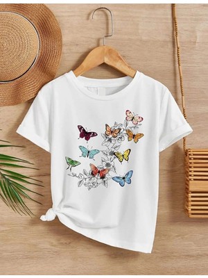 Tarz Yeri Kız Çocuk Bisiklet Yaka Baskılı T-Shirt - Beyaz