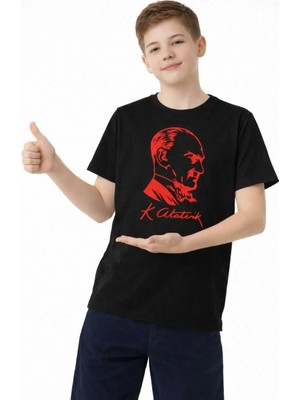Tarz Yeri Erkek Çocuk Atatürk Baskılı Tişört Kısa Kollu Bisiklet Yaka T-Shirt - Siyah