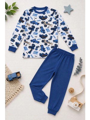 Tarz Yeri Erkek Çocuk Premium Penye Iş Makinesi Desenli Uzun Kollu Pijama Takımı 2-11 Yaş - Mavi