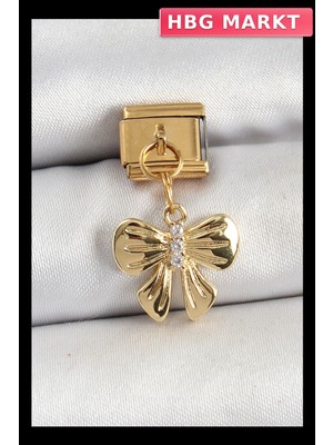 HBG Markt Mey Ithalat® 316L Çelik Sallantılı Zirkon Taşlı Fiyonk Model Gold Renk Nomination Charm