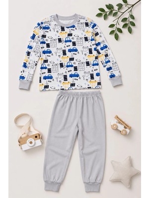 Tarz Yeri Erkek Çocuk Premium Penye Uzun Kollu Desenli Pijama Takımı 2-11 Yaş - Gri