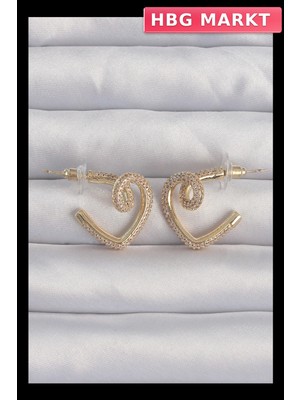 HBG Markt Mey Ithalat® Pirinç Gold Renk Zirkon Taşlı Kıvrımlı Yarım Kalp Küpe