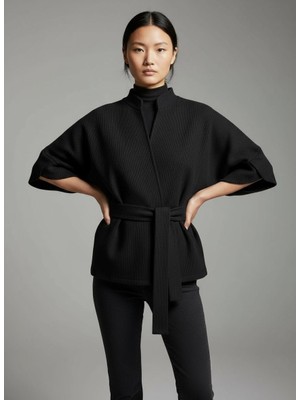 Comstar Kadın Trend Beli Bağlamalı Siyah Kimono Hırka