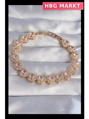 HBG Markt Mey Ithalat® Vip Seri Pirinç Gold Renk Pembe Zirkon Taşlı Kalp Tasarımlı Bileklik