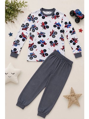 Tarz Yeri Erkek Çocuk Premium Penye Canavar Araba Desenli Uzun Kollu Pijama Takımı 2-11 Yaş - Füme