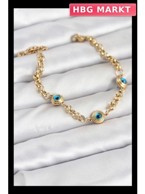 HBG Markt Mey Ithalat® 316L Çelik Nazar Model Gold Renk Kadın Bileklik