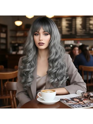 Melonika Daalı Perçemli Uzun Fiber Sen Peruk / Siyah / Gri Ombreli