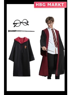 HBG Markt Mey Ithalat® Pttr Gryffindor Kapişonlu Çocuk Kostüm + Asa + Gözlük Seti 7-8 Yaş