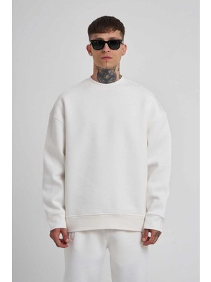 Tarz Yeri Erkek Bisikilet Yaka 3 Plik Pamuklu Sweatshirt - Beyaz