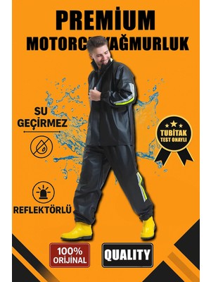 Tarz Yeri Erkek Premium Motorcu Kurye Yağmurluk Takım Su Geçirmez Pvc Kumaş Reflektörlü - Siyah