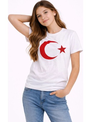 Tarz Yeri Kız Çocuk Tişört Bisiklet Yaka Ay Yıldız Bayrak Baskılı T-Shirt - Beyaz