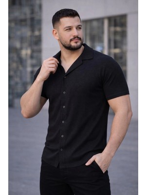 Tarz Yeri Erkek Waffle Kumaş Kısa Kollu Düğmeli Açık Yaka Regular Fit Gömlek - Siyah
