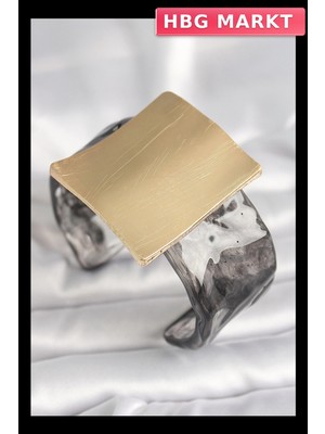 HBG Markt Mey Ithalat® Siyah Mermer Desen Akrilik Plastik Gold Kare Plaka Model Vintage Kadın Bilezik