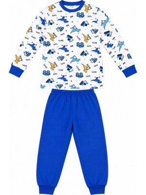 Tarz Yeri Erkek Çocuk Premium Penye Dinozor Desenli Uzun Kollu Pijama Takımı 2-11 Yaş - Mavi