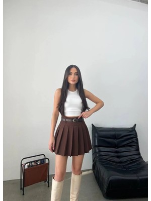 Elaxi Duble Kumaş Pileli Şort Astarlı Kemerli Siyah Mini Etek
